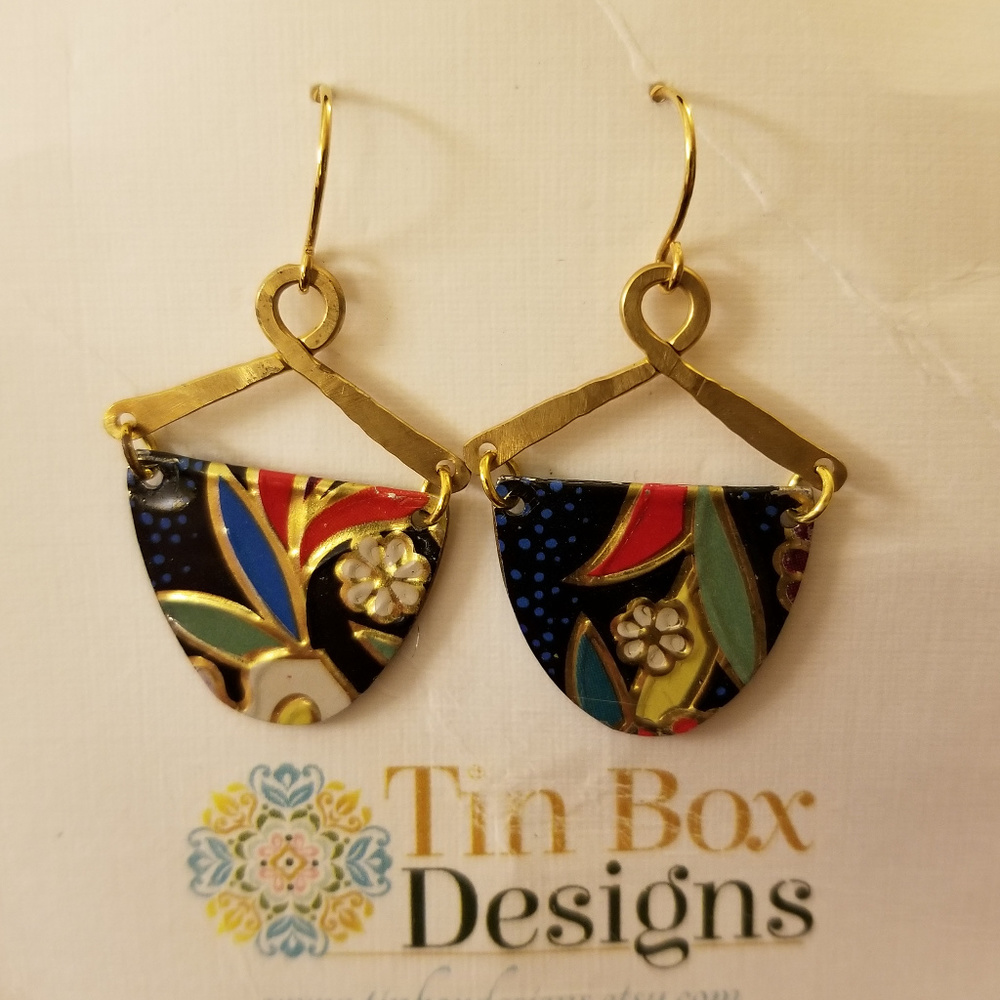 Colorful earrings made with vintage tin